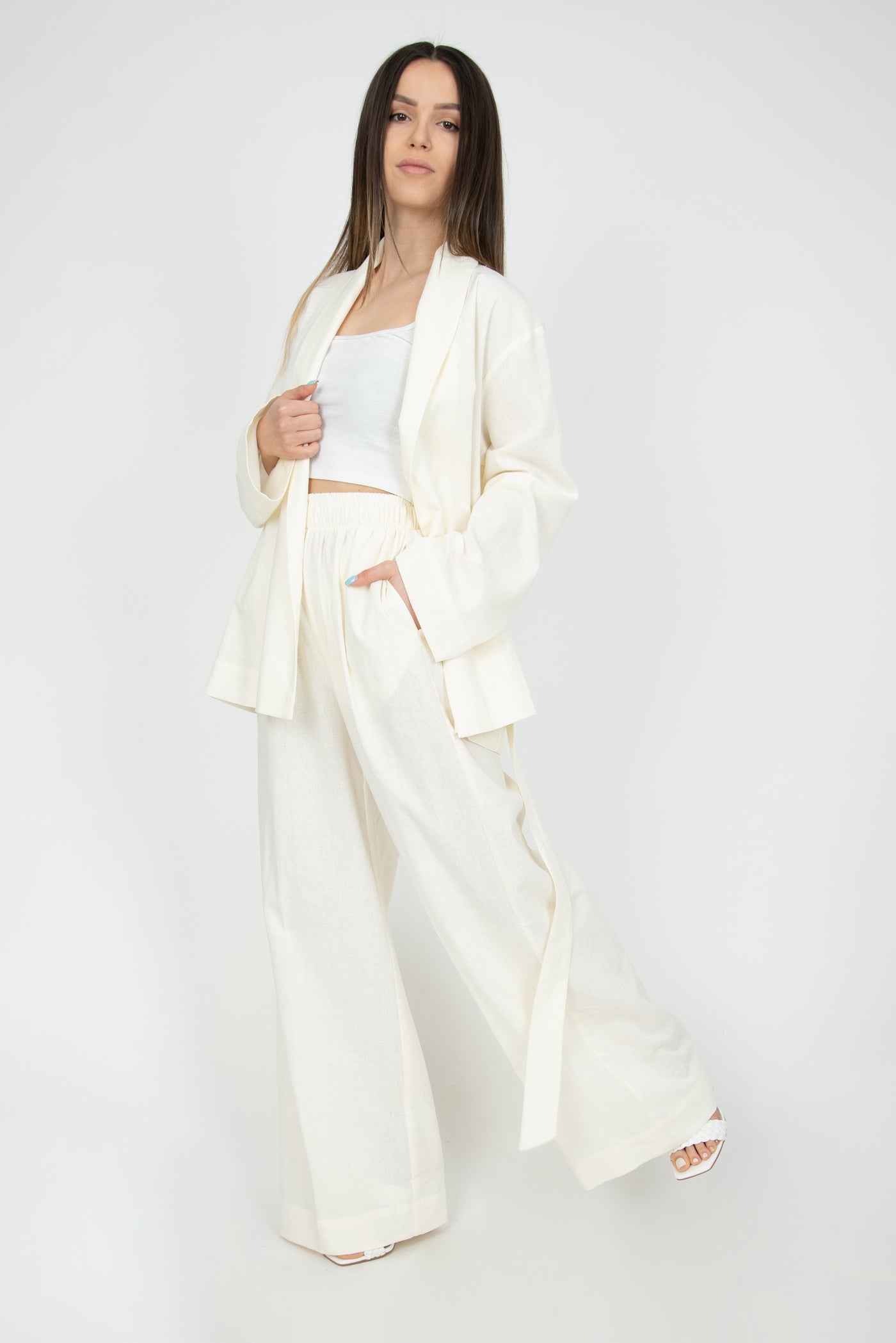 Off white linen kimono set