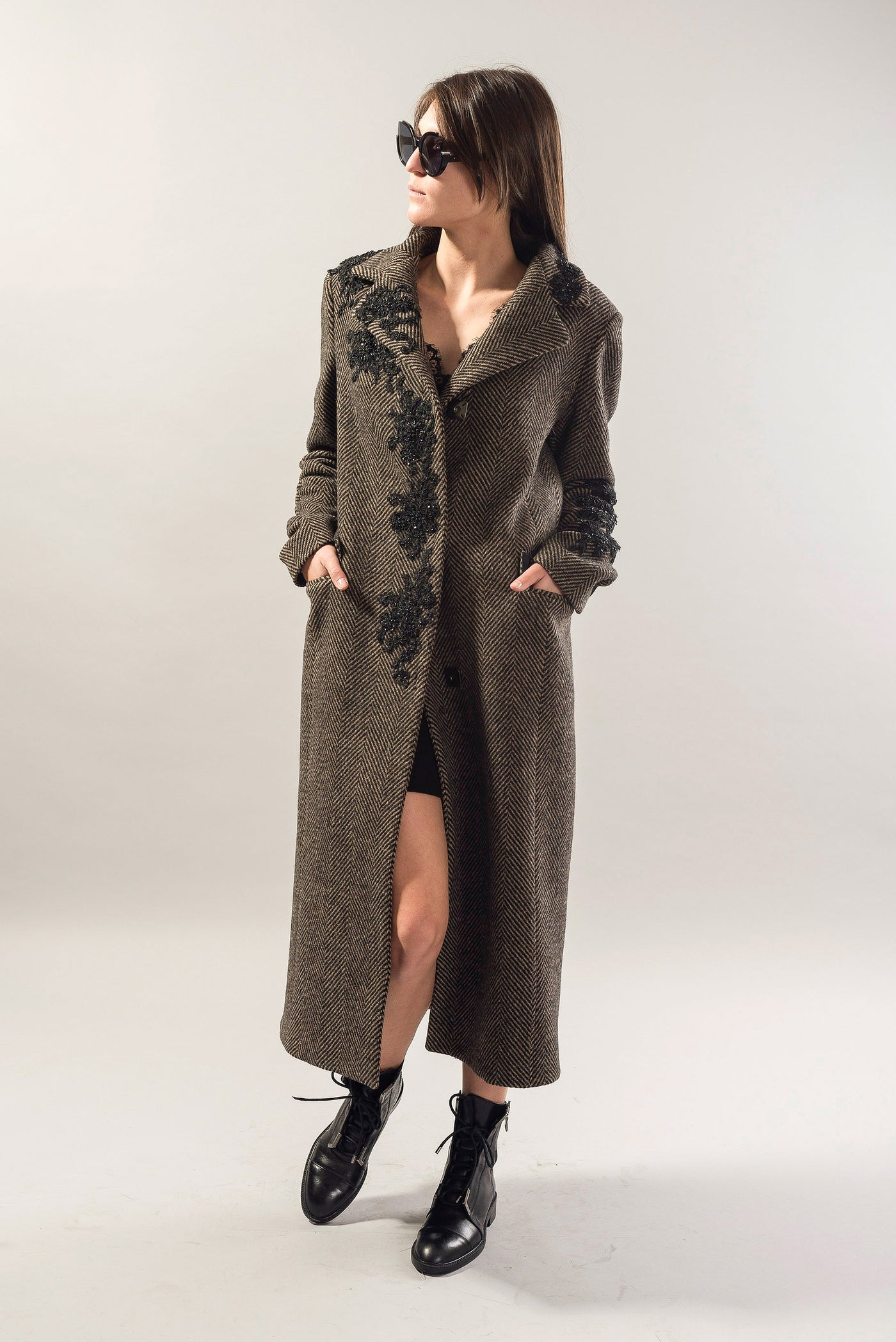 Melange lined embroidery wool coat F1739