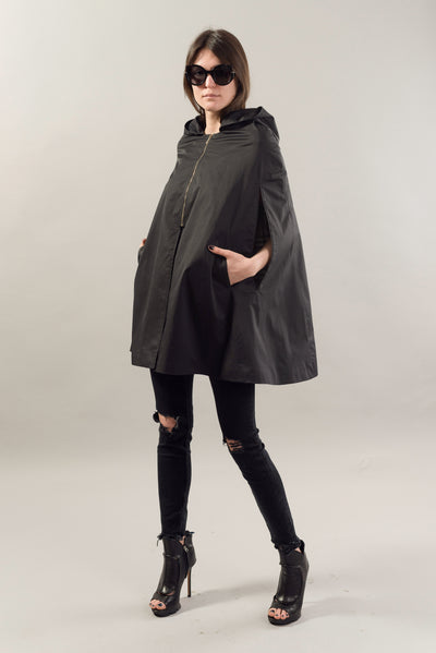 Hooded black cape coat F1798