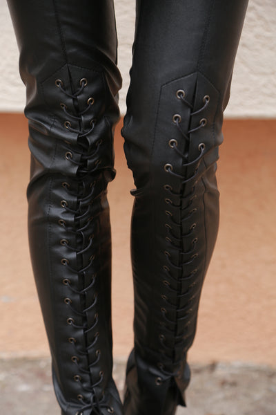 Faux leather pants with ties F1548
