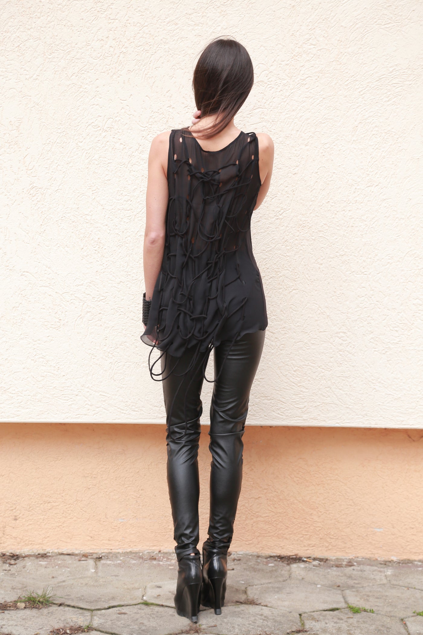 Lace faux leather pants F1567