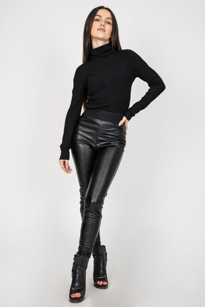 Black vegan leather leggings with elastic band F2406