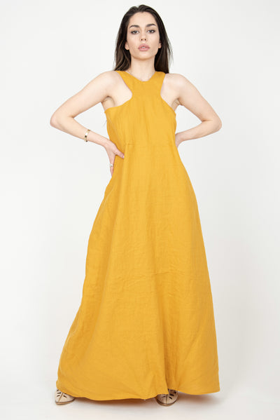 Yellow convertible linen dress F2306