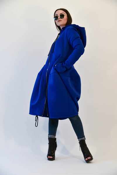 Blue long hooded neoprene coat F1992