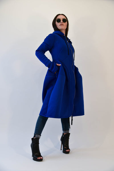 Blue long hooded neoprene coat F1992
