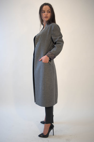 Grey lined cashmere wool coat F1930