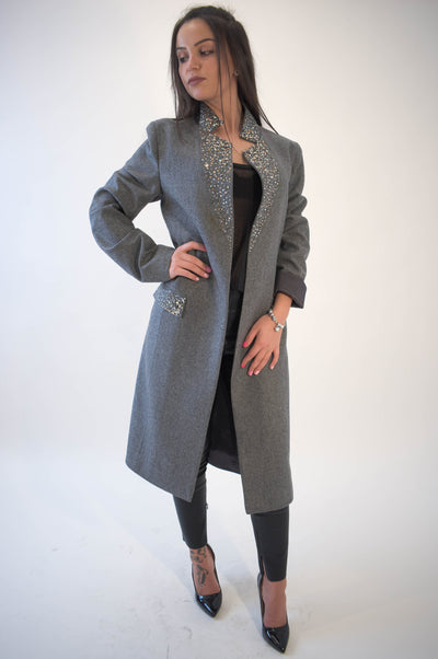 Grey lined cashmere wool coat F1930