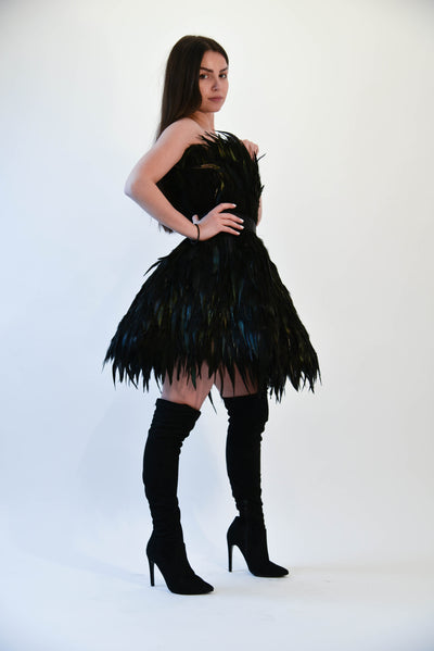 Handcrafted black dress with feathers F1981