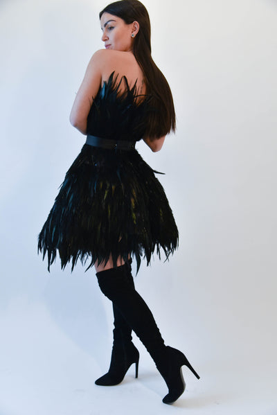 Handcrafted black dress with feathers F1981