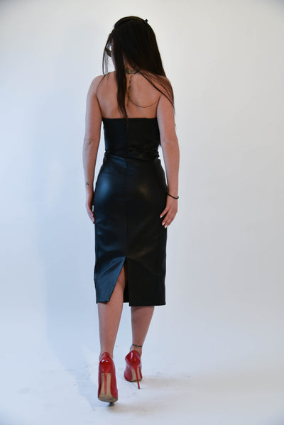 Black vegan leather sleeveless dress F1982