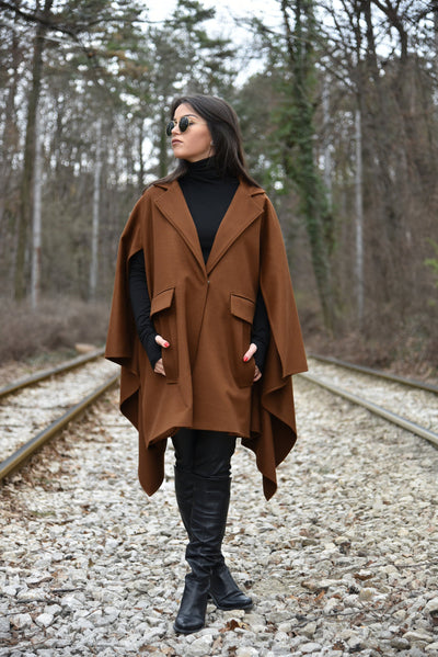 Asymmetrical Brown Wool Cape Coat F2034