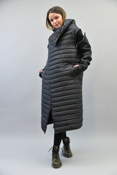 Black long quilted windproof jacket F2169