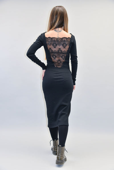 Black open back lace dress F2177