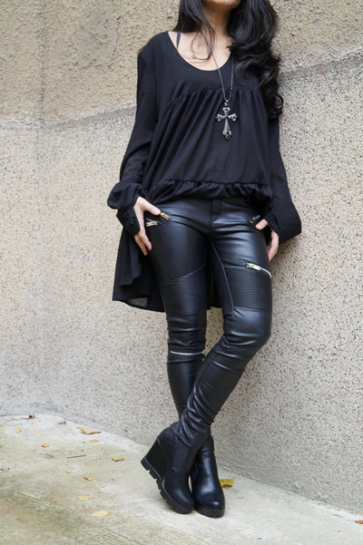 Black vegan leather leggings with zipper F1510